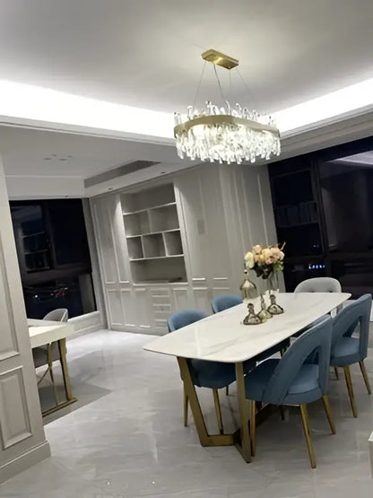 Decorbites™ modern crystal chandelier with golden chrome circular frame and clear faceted crystals for dining room lighting