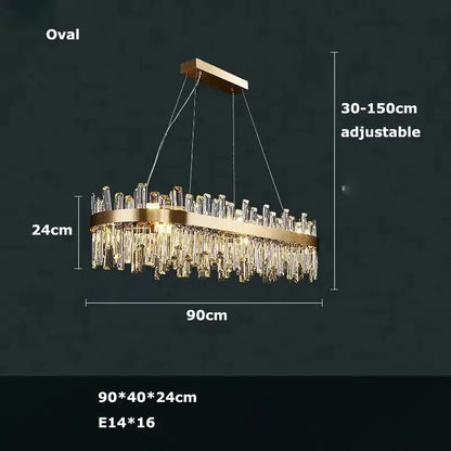 Gold-toned oval crystal chandelier with cascading clear prisms and adjustable length for dining room by decorbites