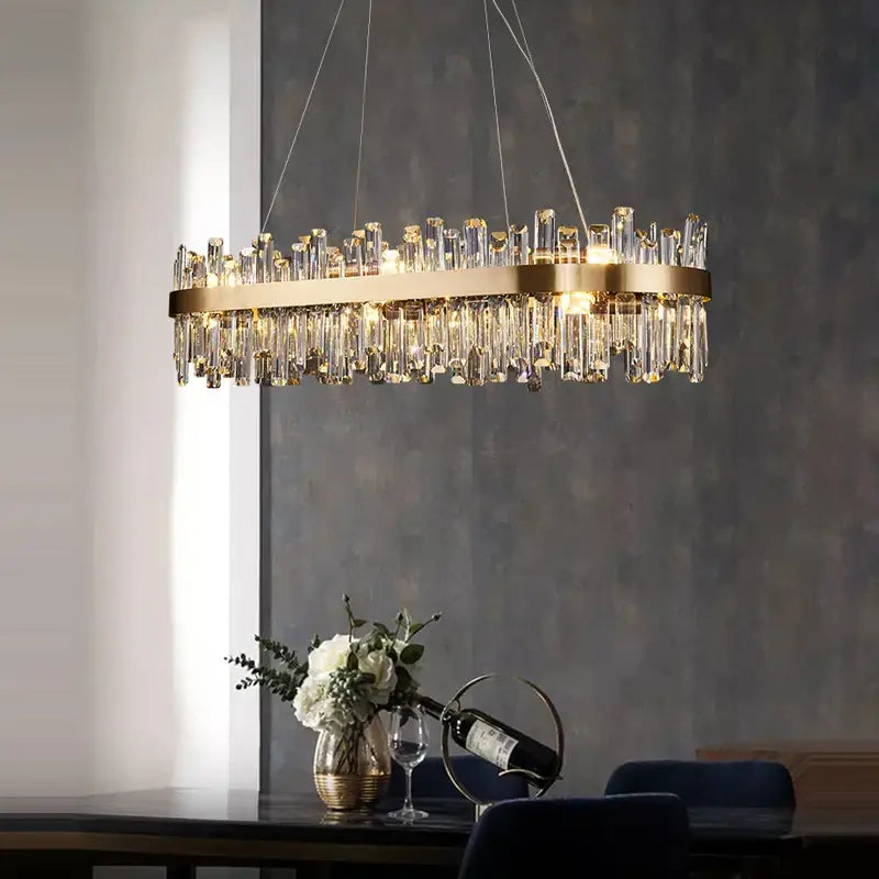 Decorbites™ modern crystal chandelier with cascading clear rods and golden chrome finish for dining room lighting