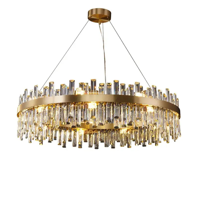 DecorBites™ modern crystal chandelier with cascading clear rods and golden chrome circular frame for dining room lighting