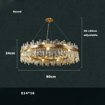 Golden chrome decorbites™ modern crystal chandelier with circular frame and cascading prisms for dining room lighting