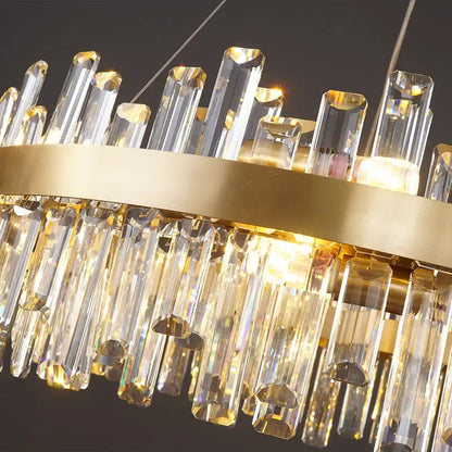 DecorBites™ modern crystal chandelier with golden chrome frame and clear prisms for elegant dining room lighting