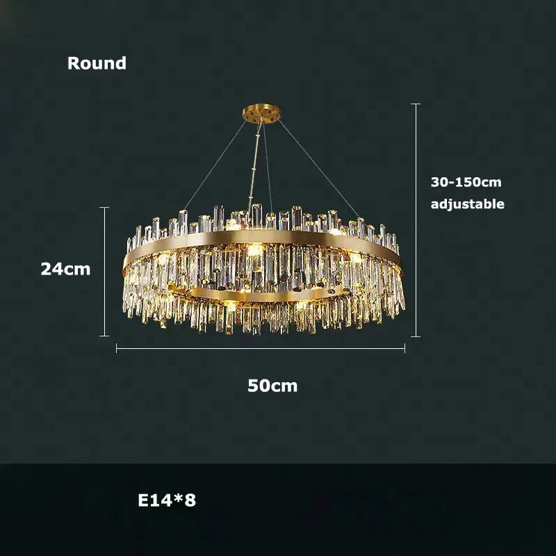 DecorBites modern crystal chandelier with gold-toned circular frame and cascading clear rods for dining room lighting