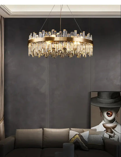 Decorbites™ modern crystal chandelier with cascading clear rods in golden chrome for dining room lighting