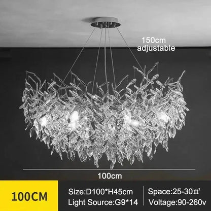 DecorBites™ modern crystal ceiling chandelier with clear glass leaf design and g9 LED lighting for living room use
