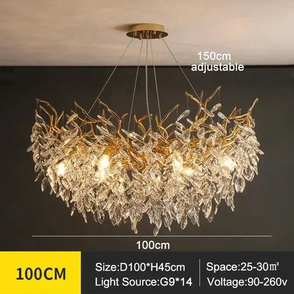 Decorbites modern crystal ceiling chandelier with adjustable golden metal frame and cascading clear crystal leaves for living room