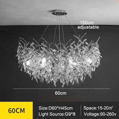 DecorBites™ modern crystal ceiling chandelier with leaf design and eight g9 LED lights for living room use