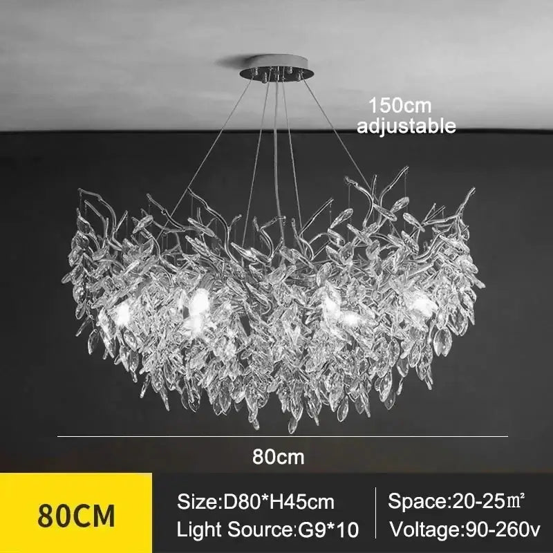 Decorbites modern crystal ceiling chandelier with clear glass leaf elements 80cm diameter for living room lighting