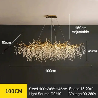 Gold-toned DecorBites™ modern crystal ceiling chandelier with cascading crystal leaves for luxurious living room spaces