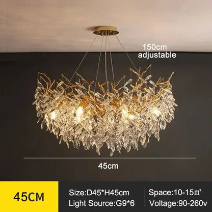 Gold-toned decorbites™ modern crystal ceiling chandelier with cascading crystal leaves and six g9 LED lights for living room