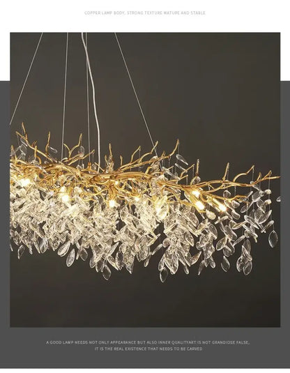 DecorBites modern crystal ceiling chandelier with gold-toned copper branches and cascading clear crystal leaves for living room