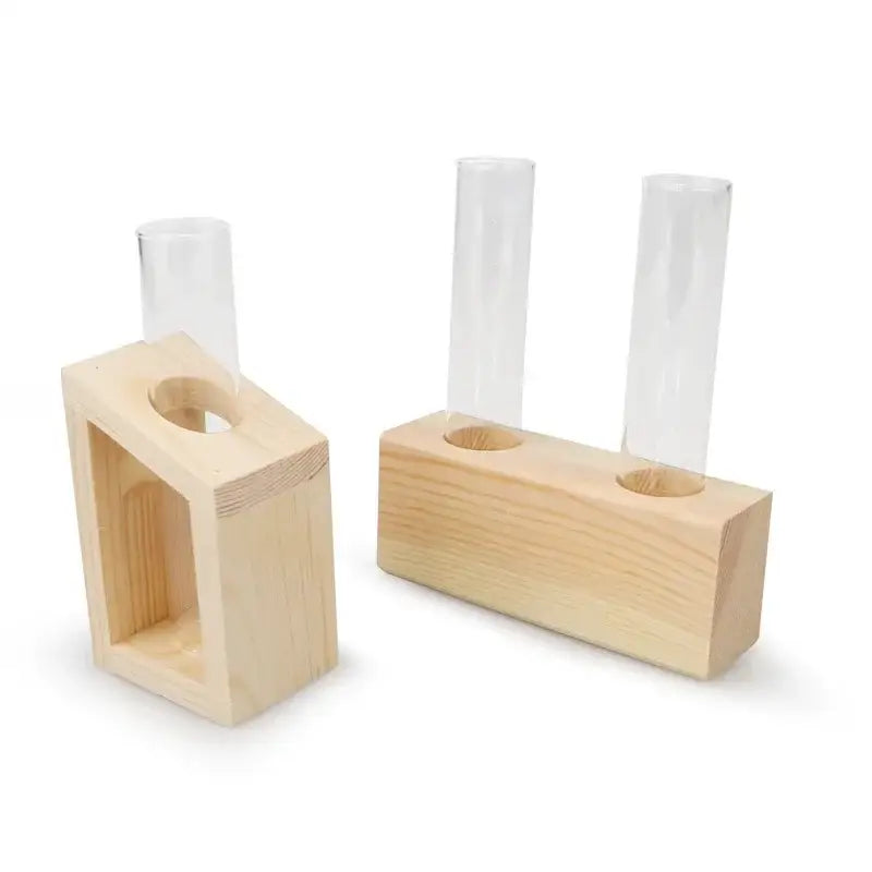 DecorBites™ modern crystal glass test tube vase with light-colored wooden holder and clear glass test tubes inserted