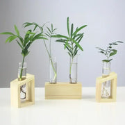 Decorbites™ modern crystal glass test tube vase with three clear glass test tubes holding green plants on wooden stands