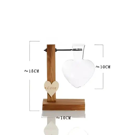 DecorBites™ modern crystal glass heart-shaped test tube vase on wooden stand with engraved plaque in white