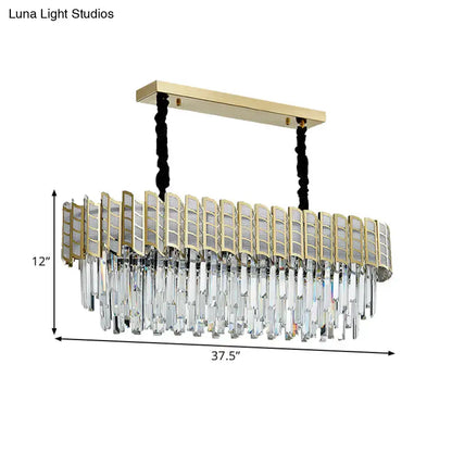 Gold-toned rectangular pendant light with cascading clear crystal prisms and mesh panels for gold island lighting 220v-240v 110v-120v