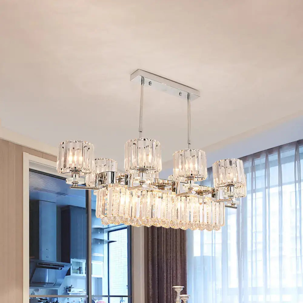 Decorbites™ modern crystal island light with sleek chrome frame and clear prisms 6-light fixture 220v-240v 110v-120v