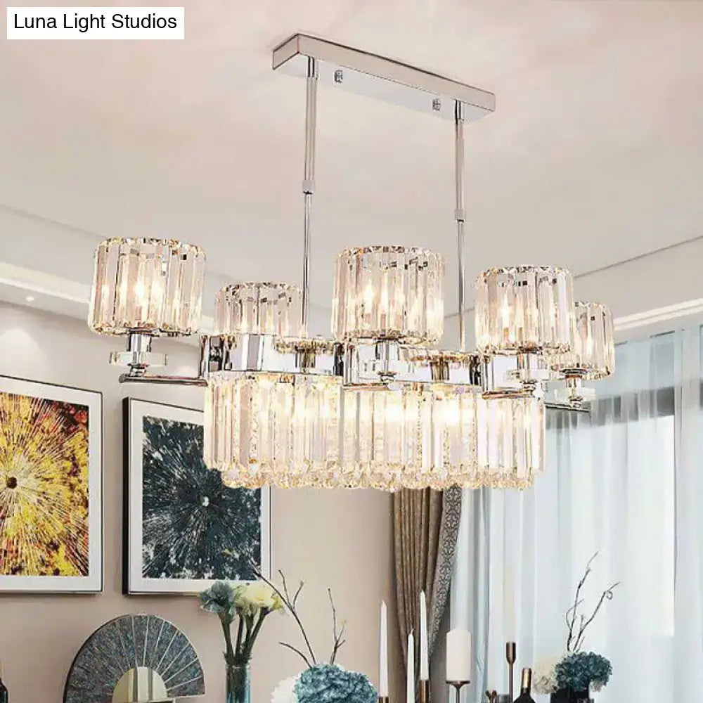 DecorBites modern crystal island light with chrome frame and faceted glass cylinders warm light fixture 220v-240v 110v-120v