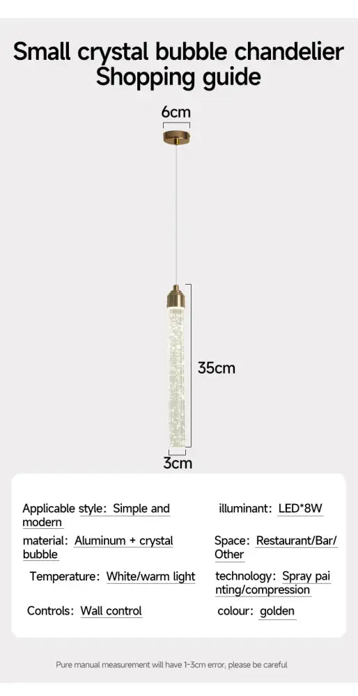 DecorBites modern crystal pendant light with gold fixtures features a clear cylindrical body filled with sparkling bubbles