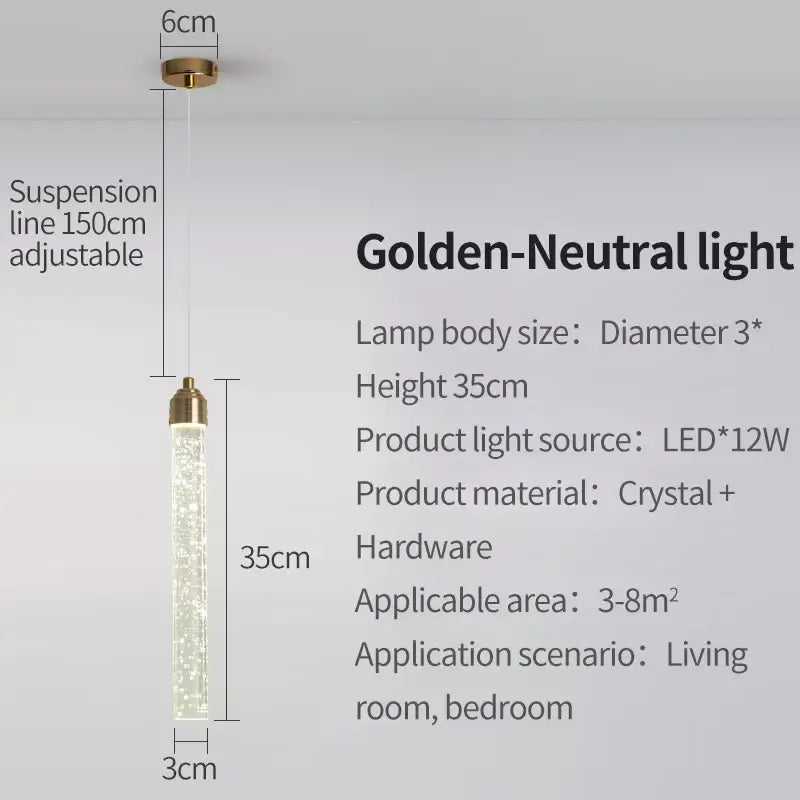 Decorbites™ modern crystal pendant light with gold fixtures featuring a slender illuminated crystal body emitting warm light