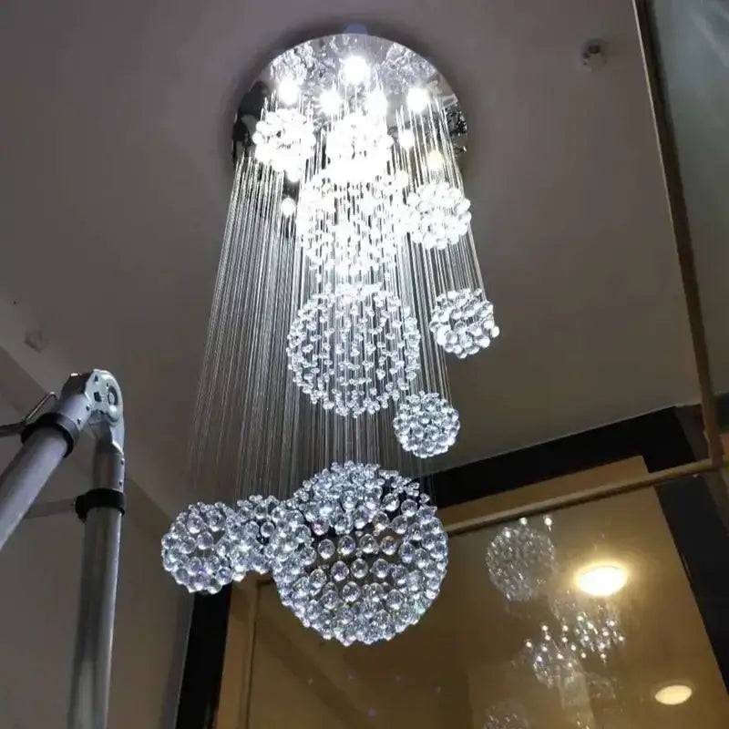 DecorBites™ modern crystal chandelier with 13 lights featuring clear spheres and led bulbs ideal for high ceiling rooms