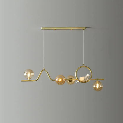 DecorBites modern curve island ceiling light with gold-toned metal frame amber glass bulbs and white ceramic bird