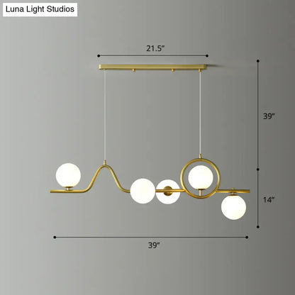 Gold-toned decorbites modern curve island ceiling light with curved metal frame and five frosted glass globes for dining room