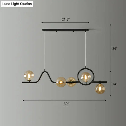 Black metal decorbites modern curve island ceiling light with five amber glass globe bulbs for dining room