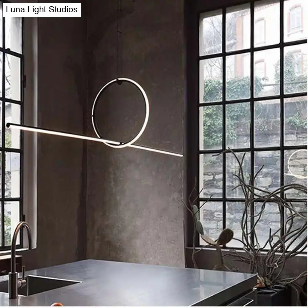 DecorBites™ modern designer line art pendant ceiling light with polished metal ring and led bar for dining room black finish