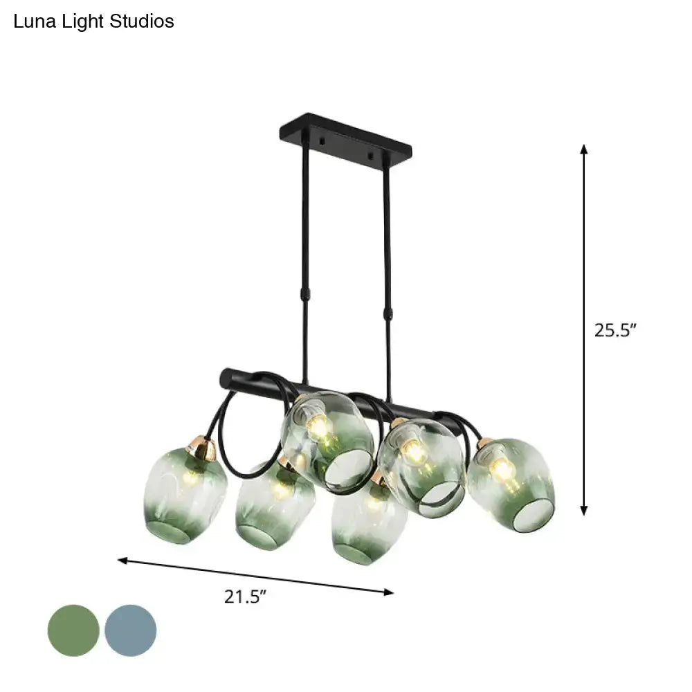 DecorBites™ modern black metal wine cup island light with five gradient green glass globe shades blue green ombre