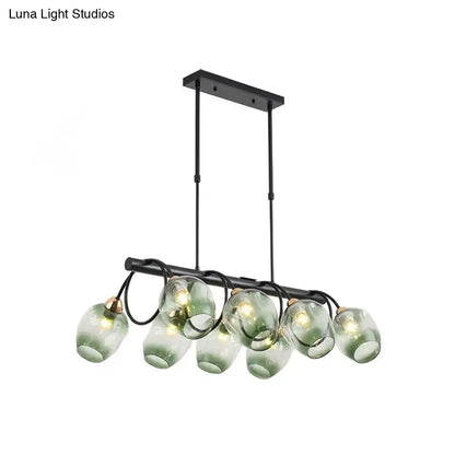 DecorBites modern black metal island light with five translucent green glass globe shades wine cup island light