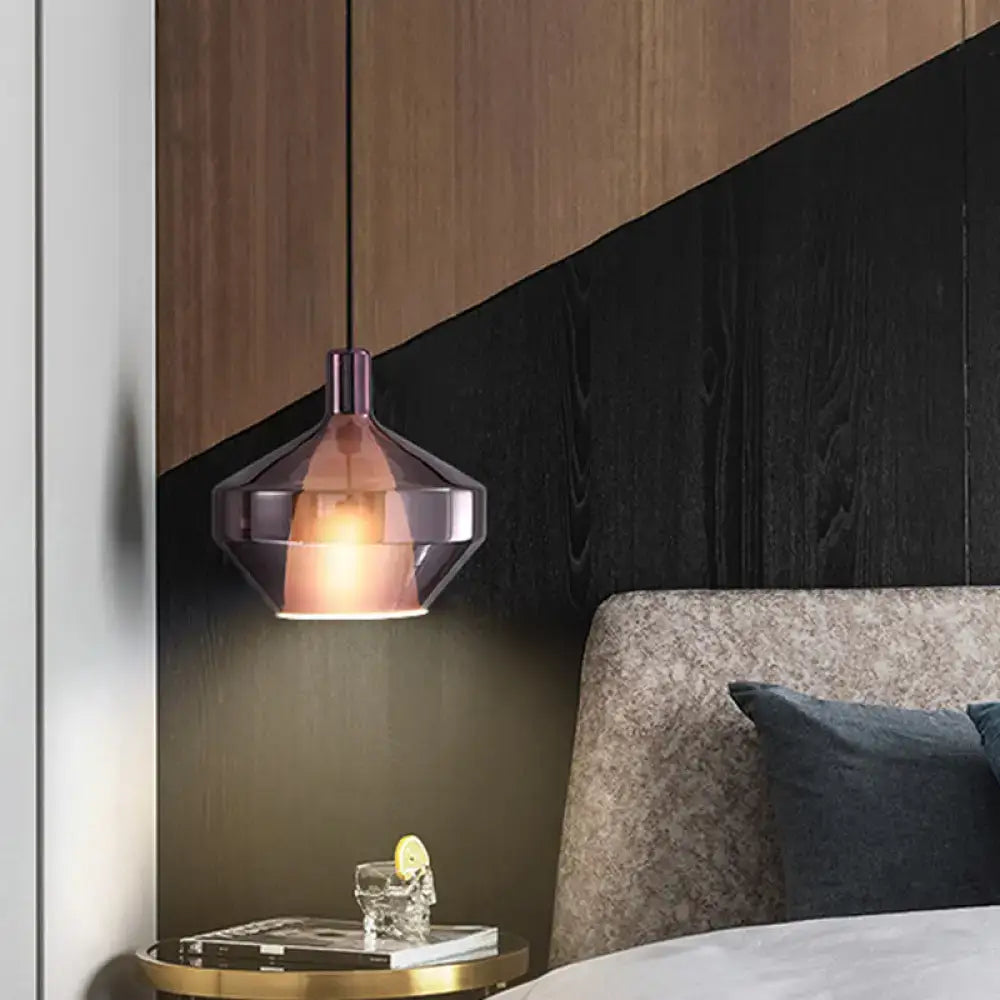 DecorBites modern pendant light with faceted amber glass shade and copper top suitable for dining room fixture width and height