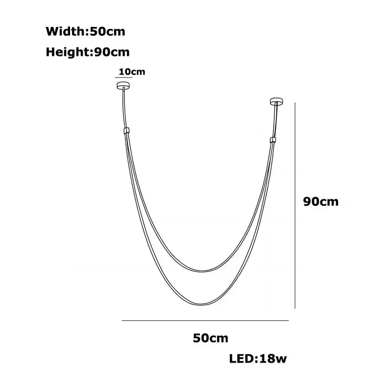 DecorBites™ modern led chandelier with flexible leather belt, 90cm wide, 50cm high, two curved cords, 18w bulb