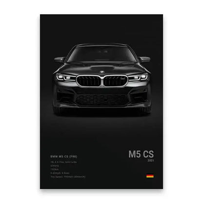 Decorbites™ modern famous cars canvas wall art featuring a black bmw m5 cs 2021 front grille and headlights on dark background