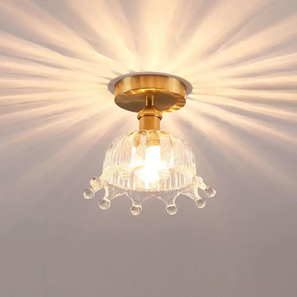 Decorbites modern floral glass ceiling light with golden fixture clear faceted dome and crystal droplets 110v-120v 220v-240v