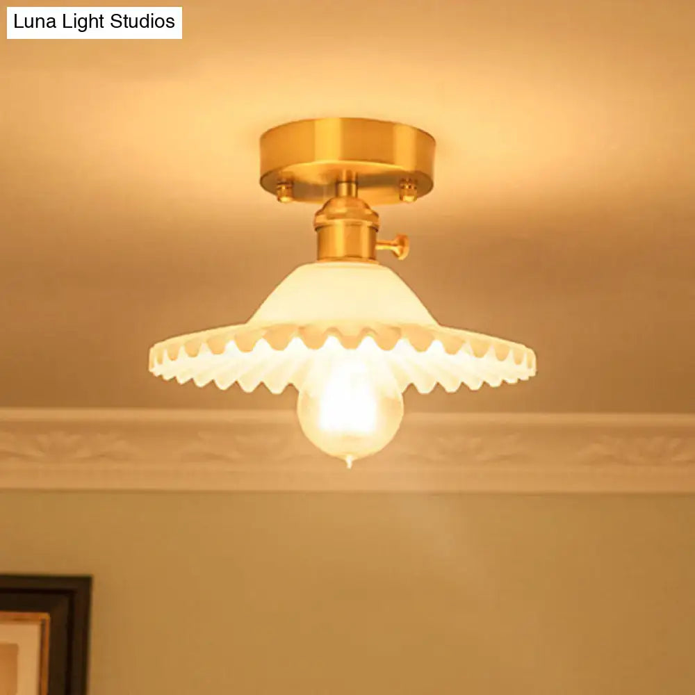 Brass-finished ceiling light with scalloped frosted floral glass shade for 110v-120v 220v-240v modern foyer lighting