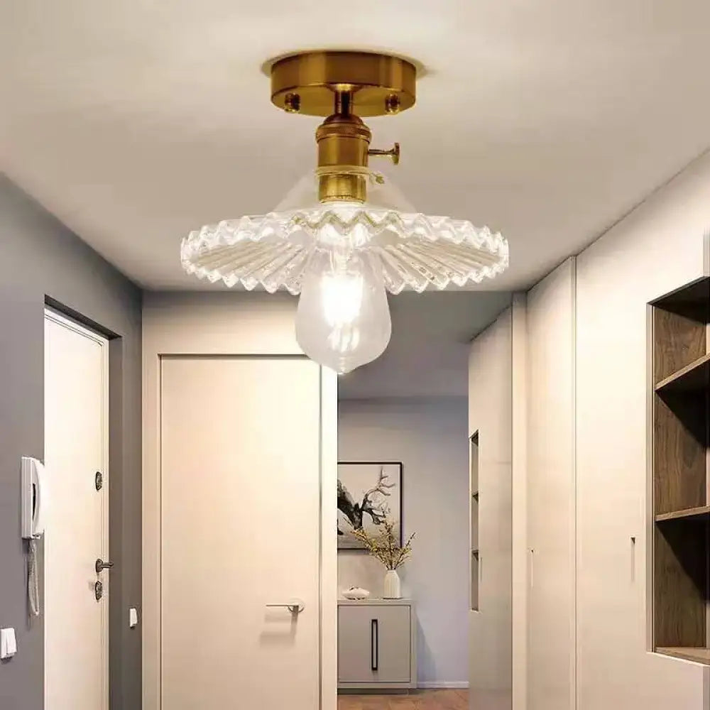 Decorbites™ modern floral glass ceiling light with brass-finished metal base and clear scalloped glass shade 110v-120v 220v-240v