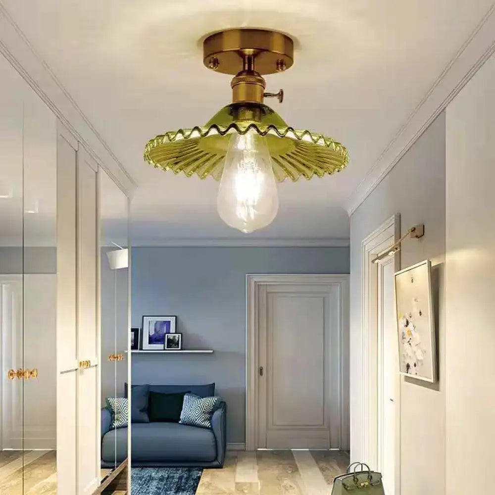 DecorBites™ modern floral glass ceiling light with green scalloped shade brass finish 110v-120v 220v-240v exposed bulb