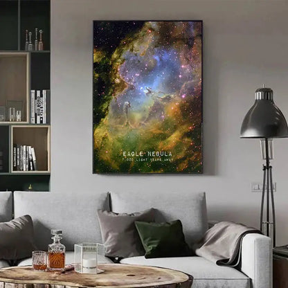 Vibrant cosmic eagle nebula galaxy canvas wall art piece with swirling blue purple green and orange hues for home decor