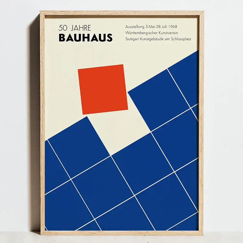 Decorbites™ modern geometric bauhaus canvas wall art featuring bold red and blue squares on a cream background