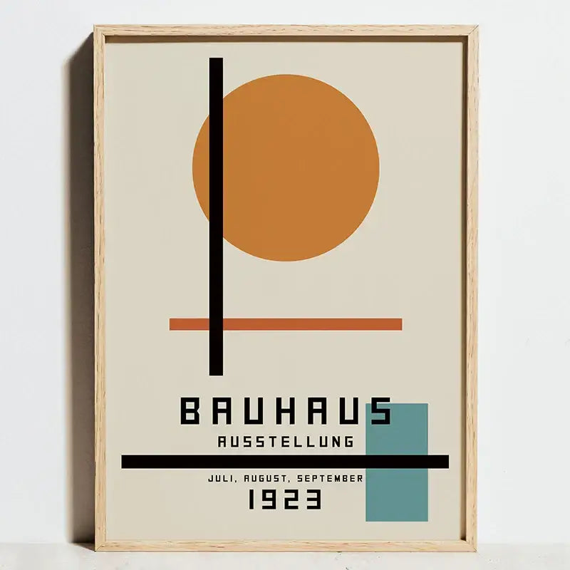 DecorBites™ modern geometric bauhaus canvas wall art with orange circle and black terracotta lines on beige background