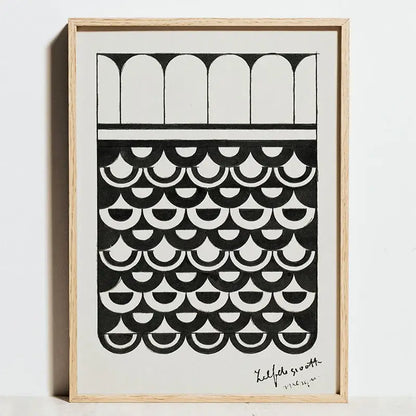 Decorbites™ modern geometric bauhaus canvas wall art in black and white with minimalist arches and scalloped shapes framed in light wood