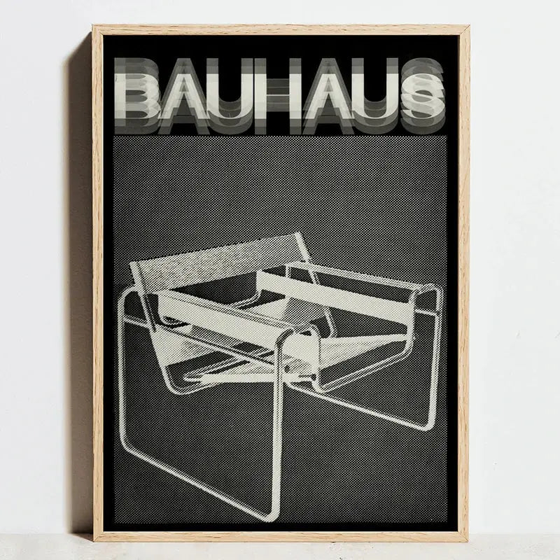 DecorBites™ modern geometric bauhaus exhibition minimalist canvas art with black and white chair design framed by light wood