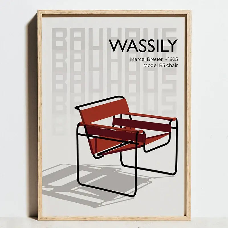 Minimalist canvas art featuring a red and black wassily chair in light wood frame for a geometric bauhaus exhibition