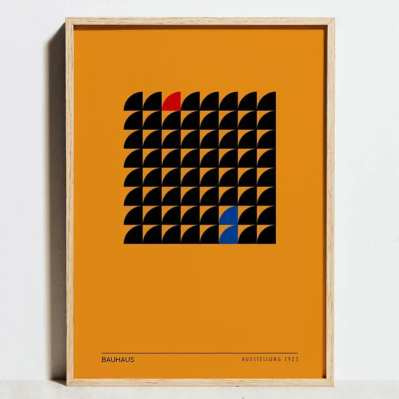 Decorbites™ modern geometric bauhaus exhibition canvas art with orange frame and black semicircles with red and blue accents