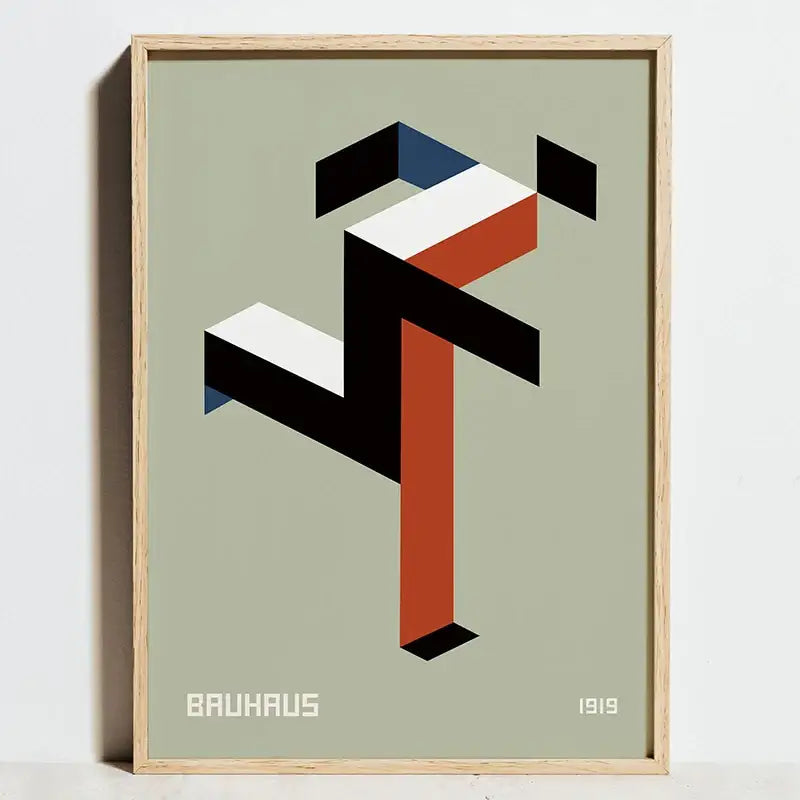 Minimalist framed poster of geometric bauhaus exhibition design in black white and orange on sage green background