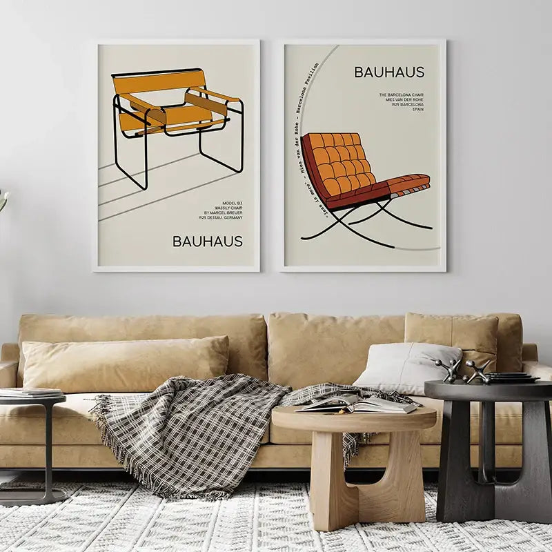Two framed bauhaus exhibition posters canvas art featuring mustard yellow and orange geometric bauhaus chair designs