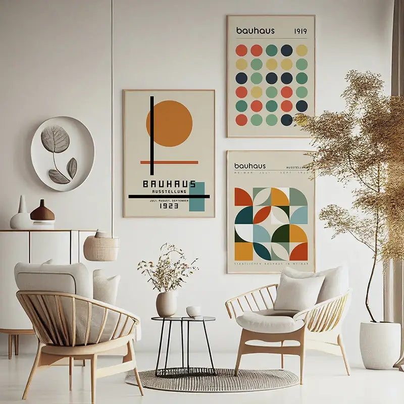 Decorbites™ modern geometric bauhaus exhibition print canvas wall art featuring minimalist beige and pastel tones