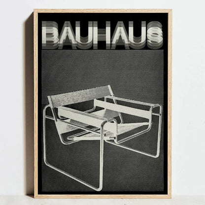 Decorbites™ modern geometric bauhaus exhibition print canvas with black and white minimalist chair design framed in light wood