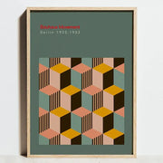 A framed decorbites™ modern geometric bauhaus exhibition print canvas with interlocking cubes in muted peach and teal