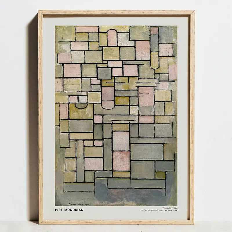 A framed modern geometric bauhaus exhibition print canvas by decorbites featuring muted greens pinks and grays